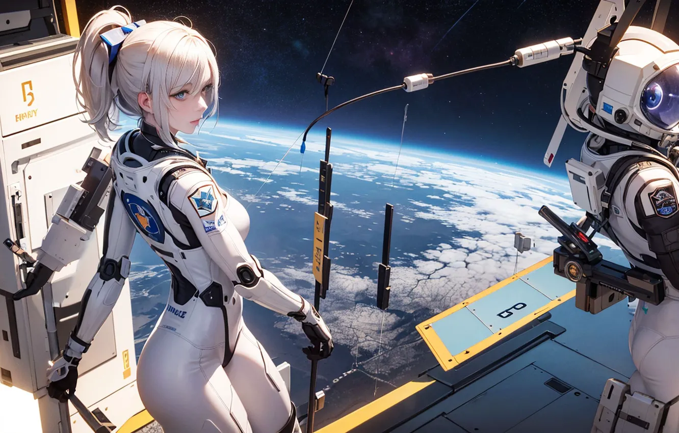 Photo wallpaper space, blonde, costume, space, beautiful girl, spaceship, spaceship, beautiful girl
