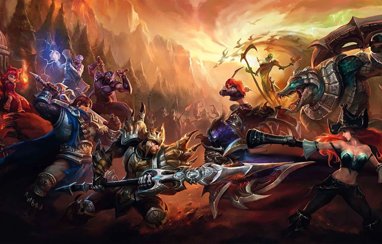 Photo wallpaper clouds, mountains, weapons, attack, the game, battle, game, characters