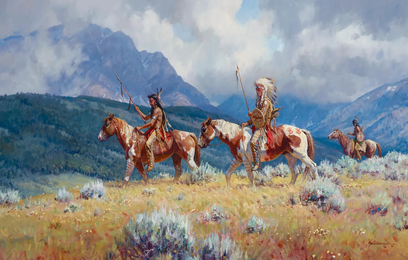 Photo wallpaper mountains, horse, picture, warrior, Indian, Martin Grelle, American artist, Martin Grellet