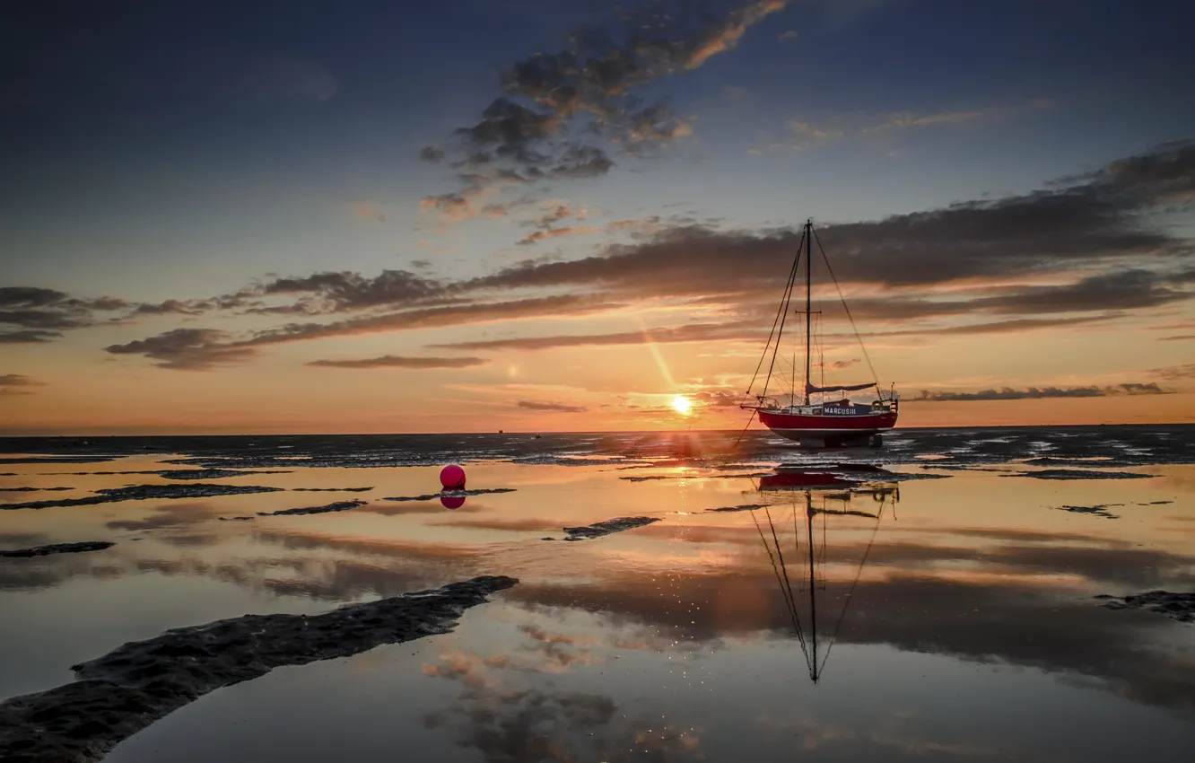 Photo wallpaper sea, sunset, boat, tide