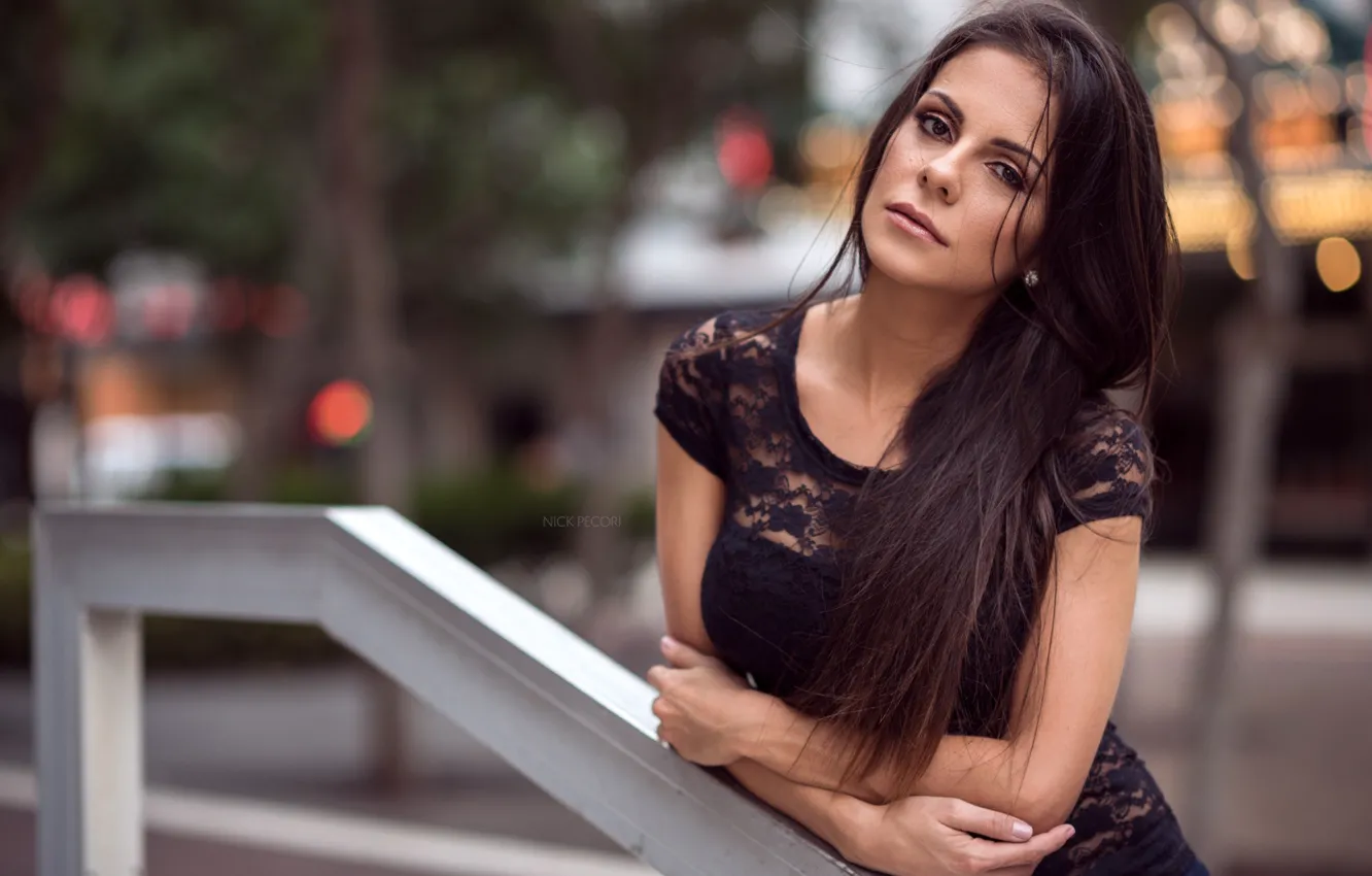 Photo wallpaper look, lights, pose, background, street, model, portrait, makeup