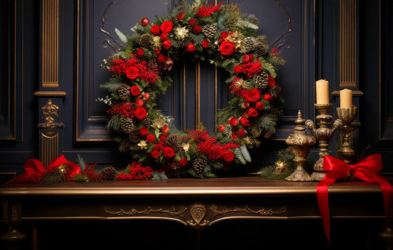 Photo wallpaper flowers, branches, wall, roses, candles, Christmas, shelf, red