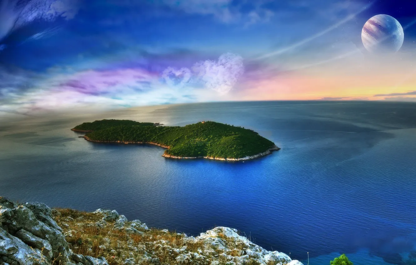Photo wallpaper the ocean, view, island, planet, slope, form, circumference, clouds