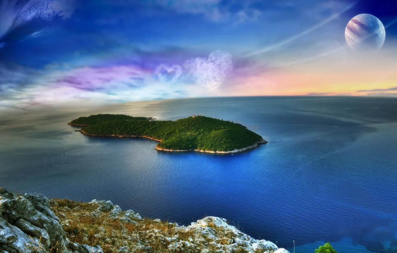 Photo wallpaper clouds, the ocean, view, island, planet, slope, form, circumference