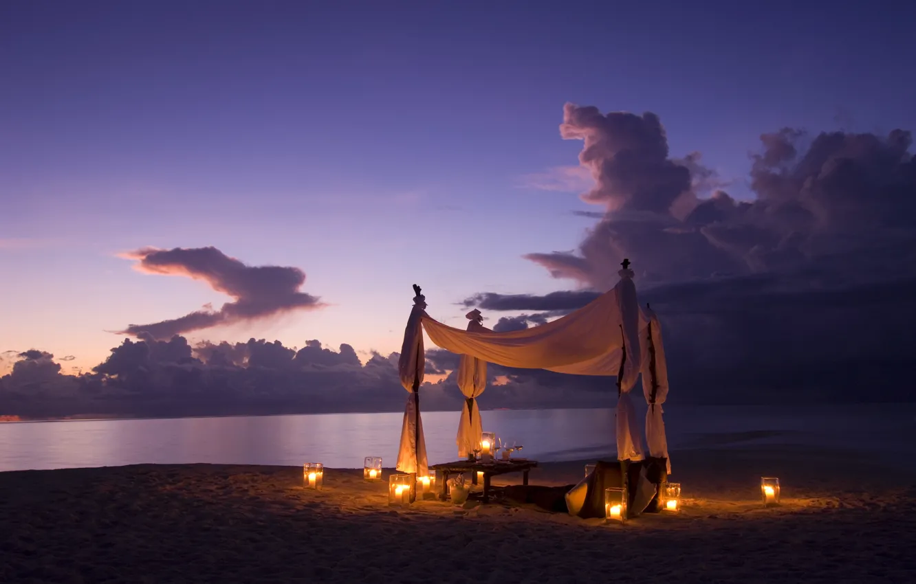 Photo wallpaper beach, the ocean, wine, romance, the evening, candles