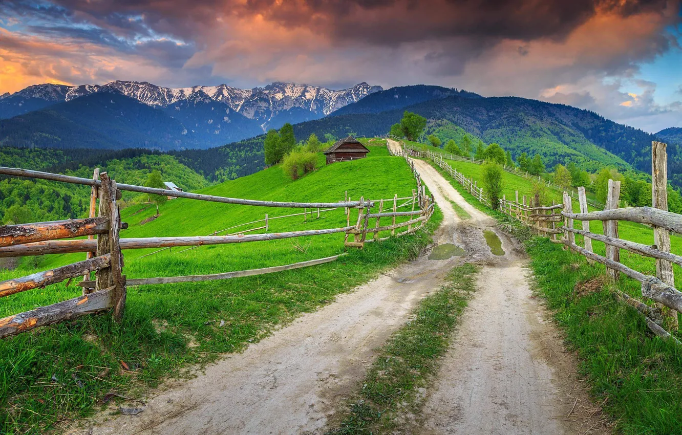 Photo wallpaper house, road, mountain, village