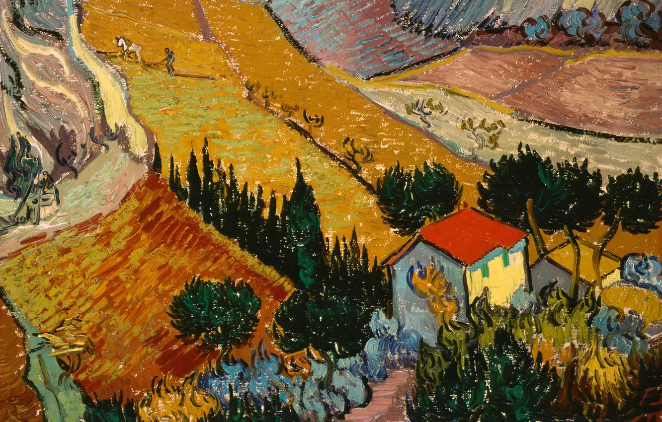 Photo wallpaper landscape, picture, Vincent van Gogh, Landscape with House and Ploughman