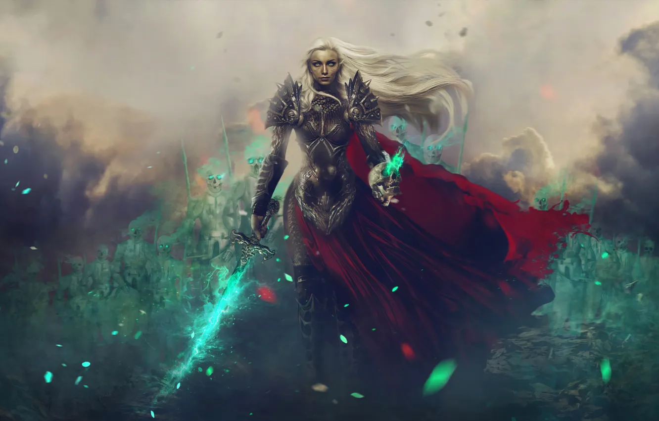Photo wallpaper warrior, cape, silver hair, women, Carlos Quevedo, straight hair, wind, long hair