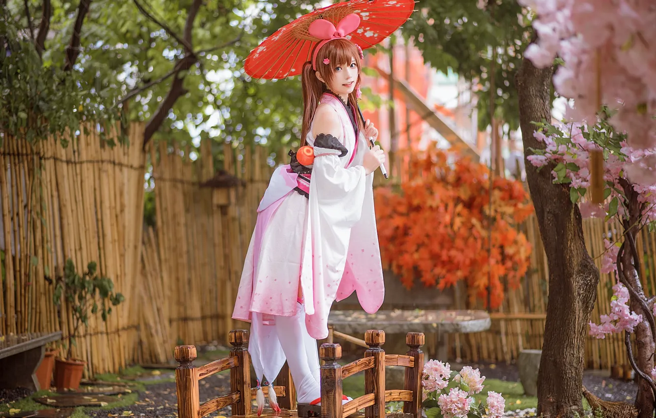 Photo wallpaper trees, smile, positive, garden, Asian, beautiful girl, girl with umbrella