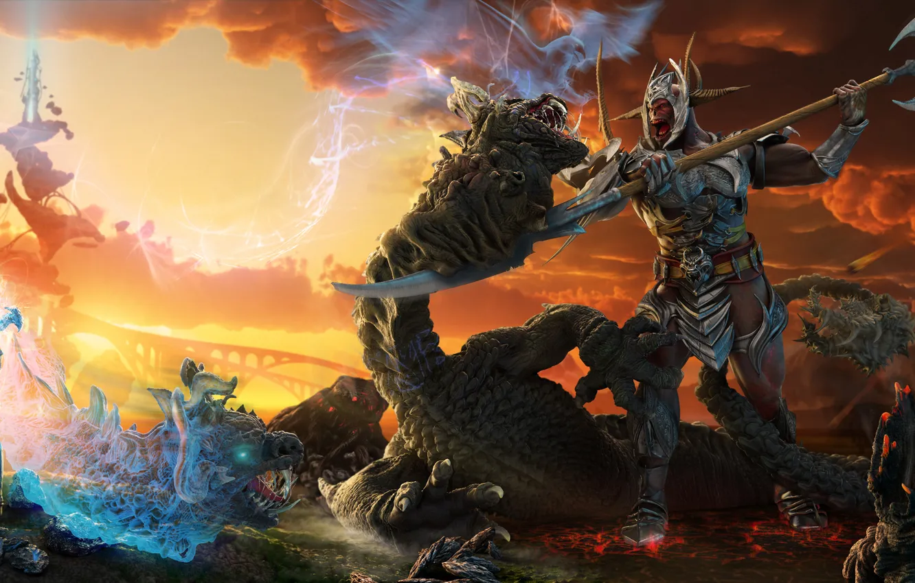 Photo wallpaper sunset, rendering, weapons, magic, tower, monster, armor, the demon