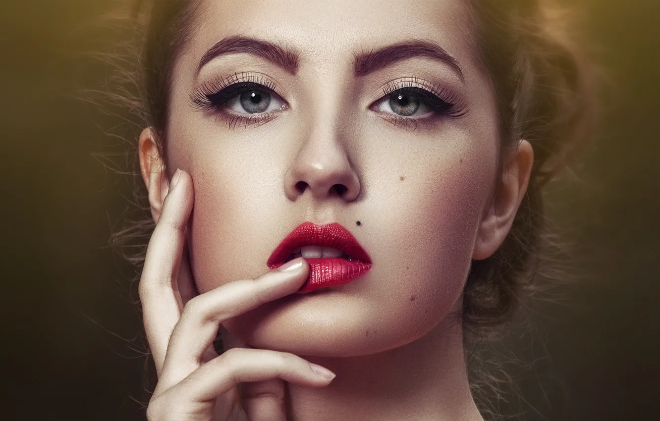 Photo wallpaper look, girl, eyelashes, lips, mole, retouching