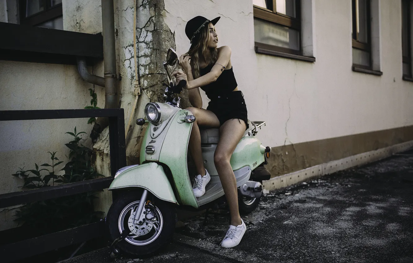 Photo wallpaper summer, girl, street, shorts, hat, moped
