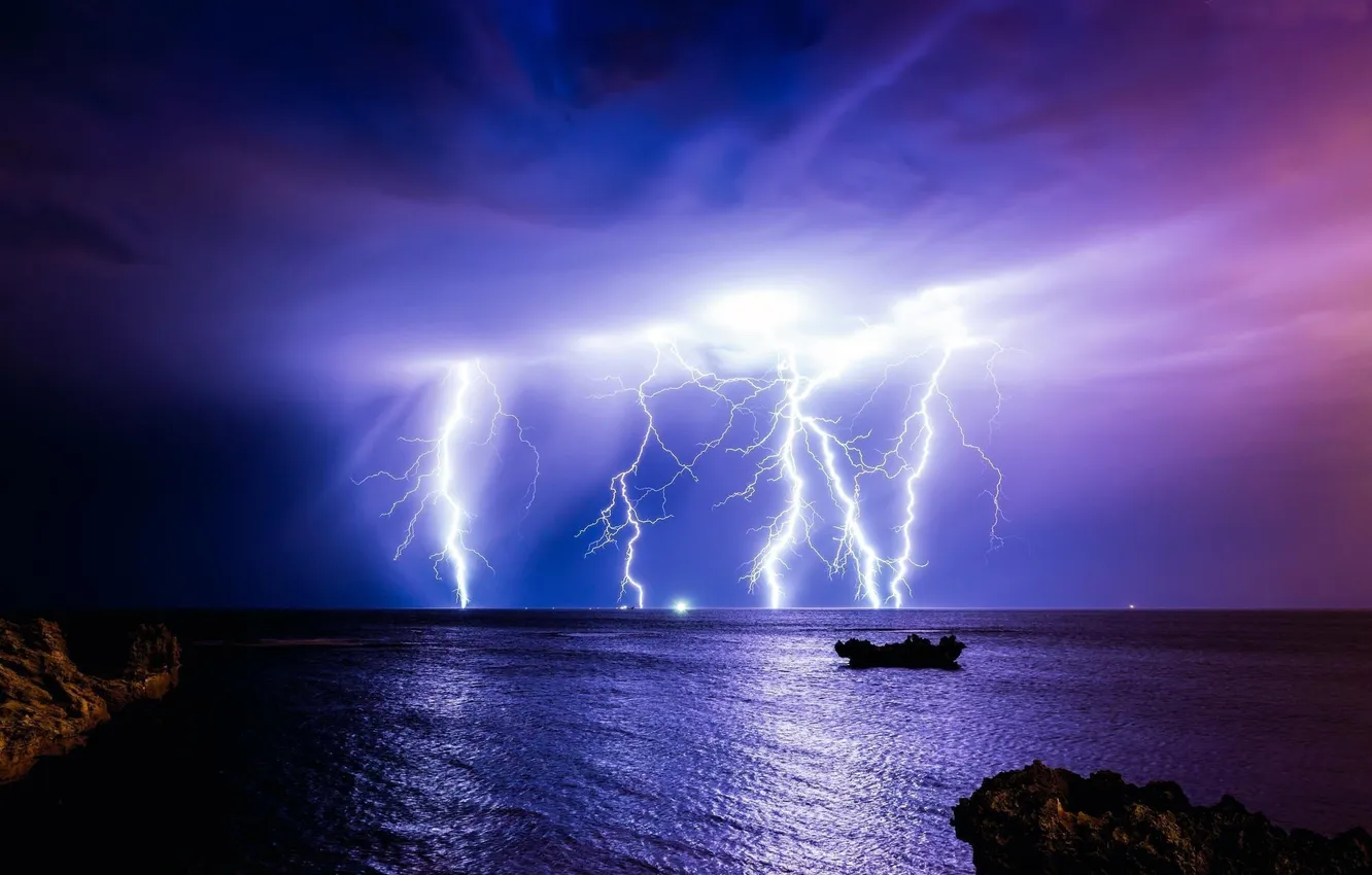Photo wallpaper sea, the storm, clouds, lightning, boat