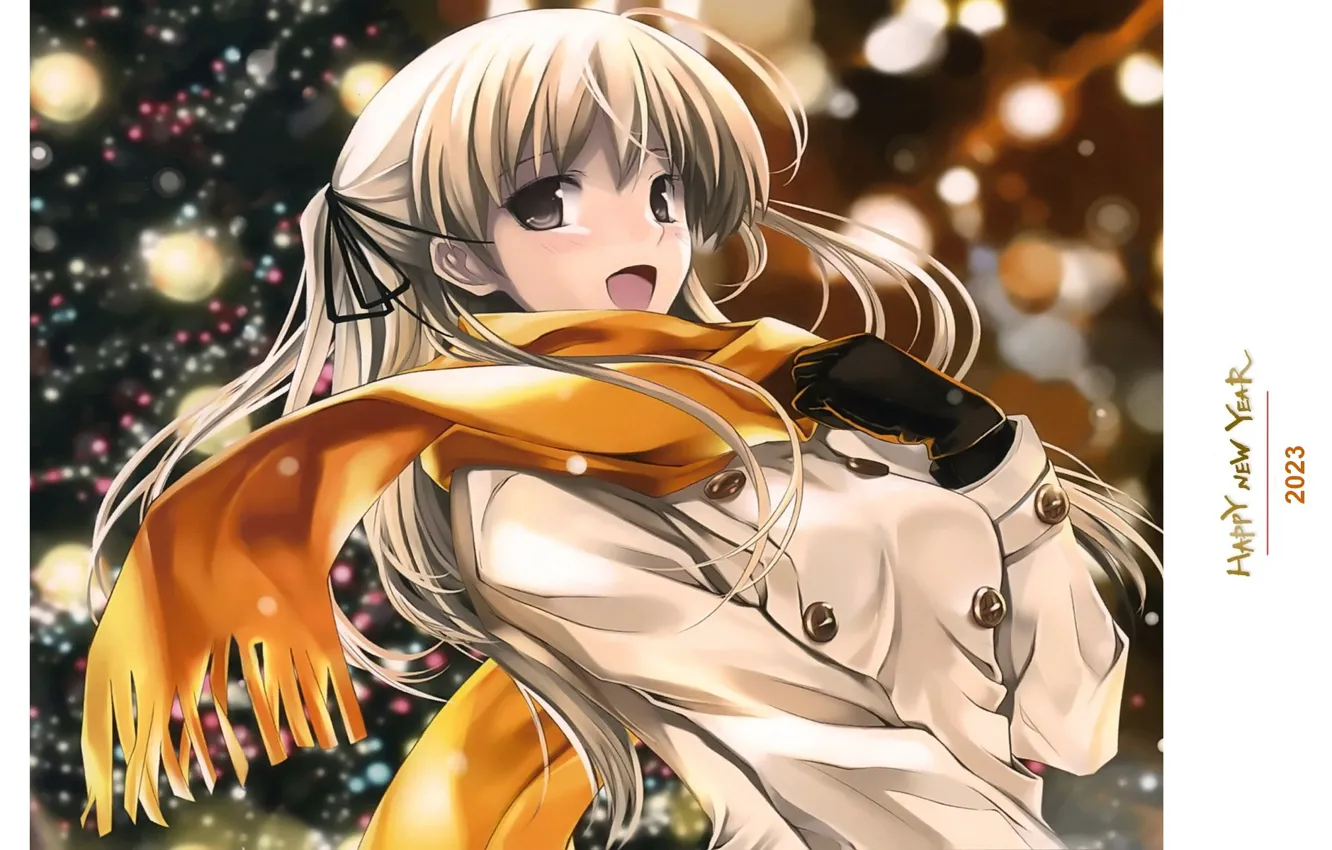 Photo wallpaper joy, schoolgirl, snowfall, long hair, Winter evening, bokeh, happy new yaer, yellow scarf