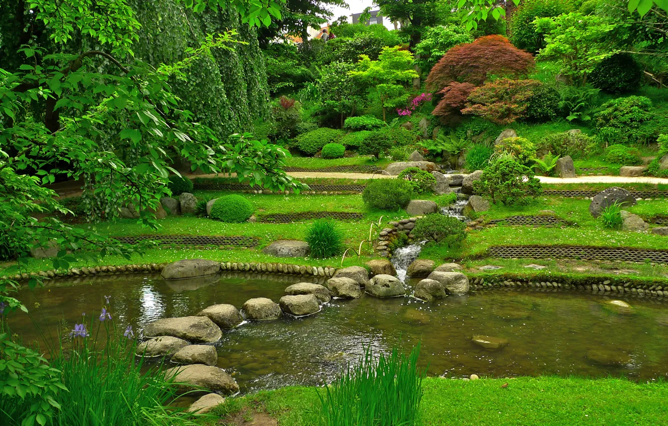 Photo wallpaper greens, grass, trees, pond, stones, France, garden, the bushes