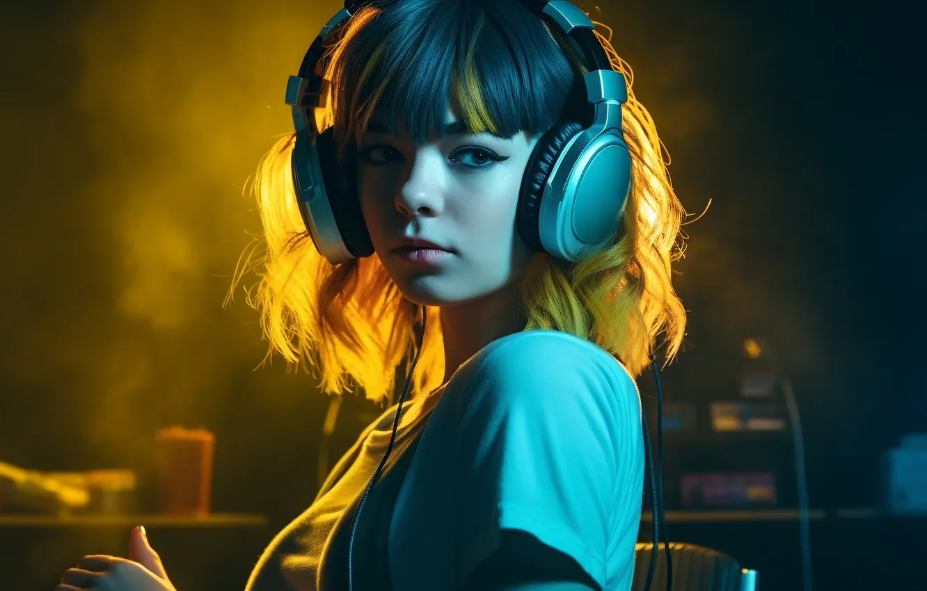 Photo wallpaper look, girl, light, fog, music, portrait, makeup, headphones