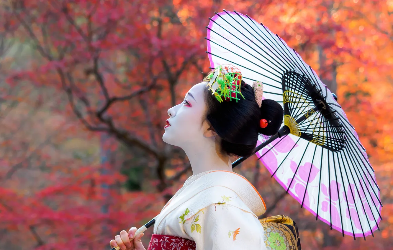 Photo wallpaper autumn, girl, Japan, umbrella, geisha, girl, kimono, Asian
