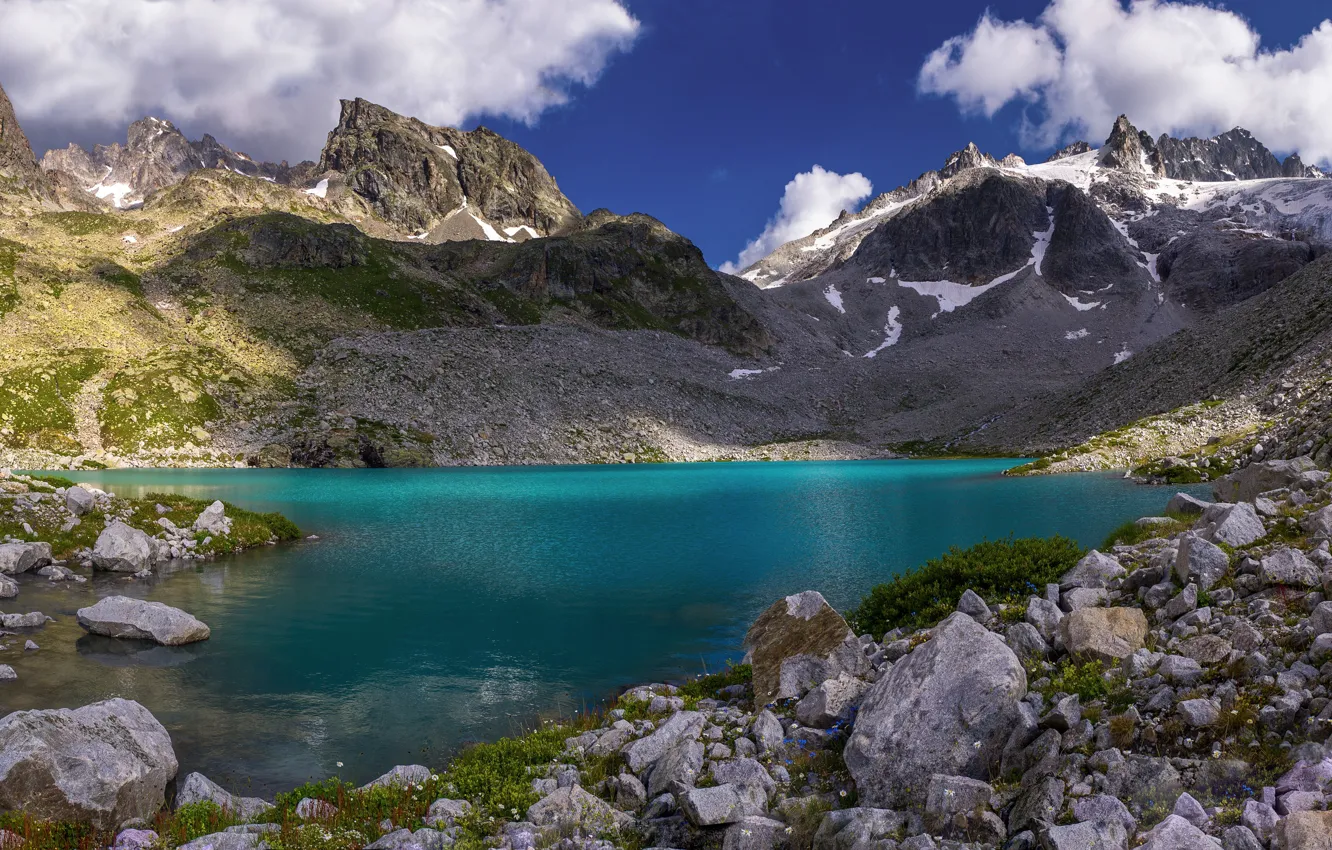 Photo wallpaper clouds, landscape, mountains, nature, lake, stones, The Caucasus