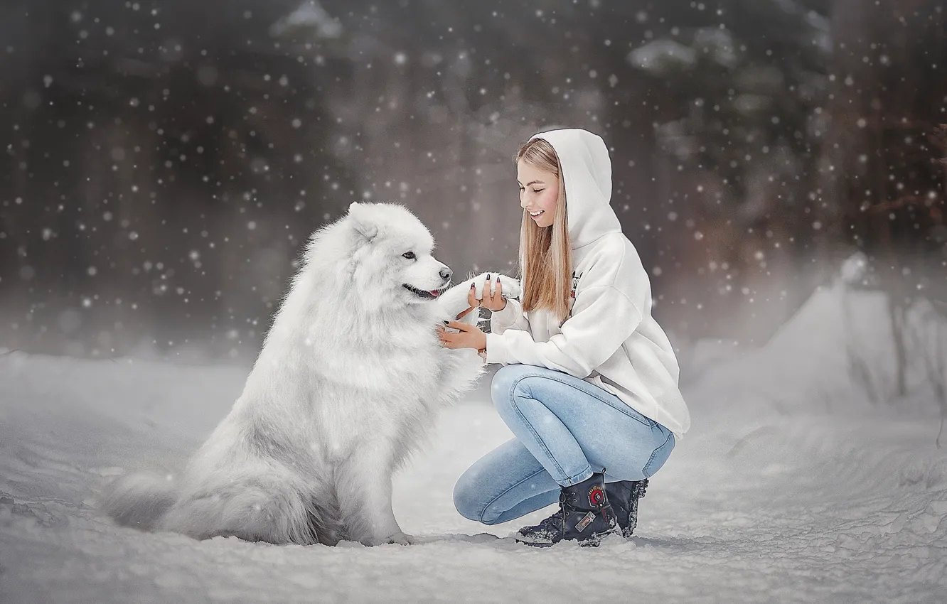 Photo wallpaper winter, girl, snow, dog, dog, Ksenia Lysenkova