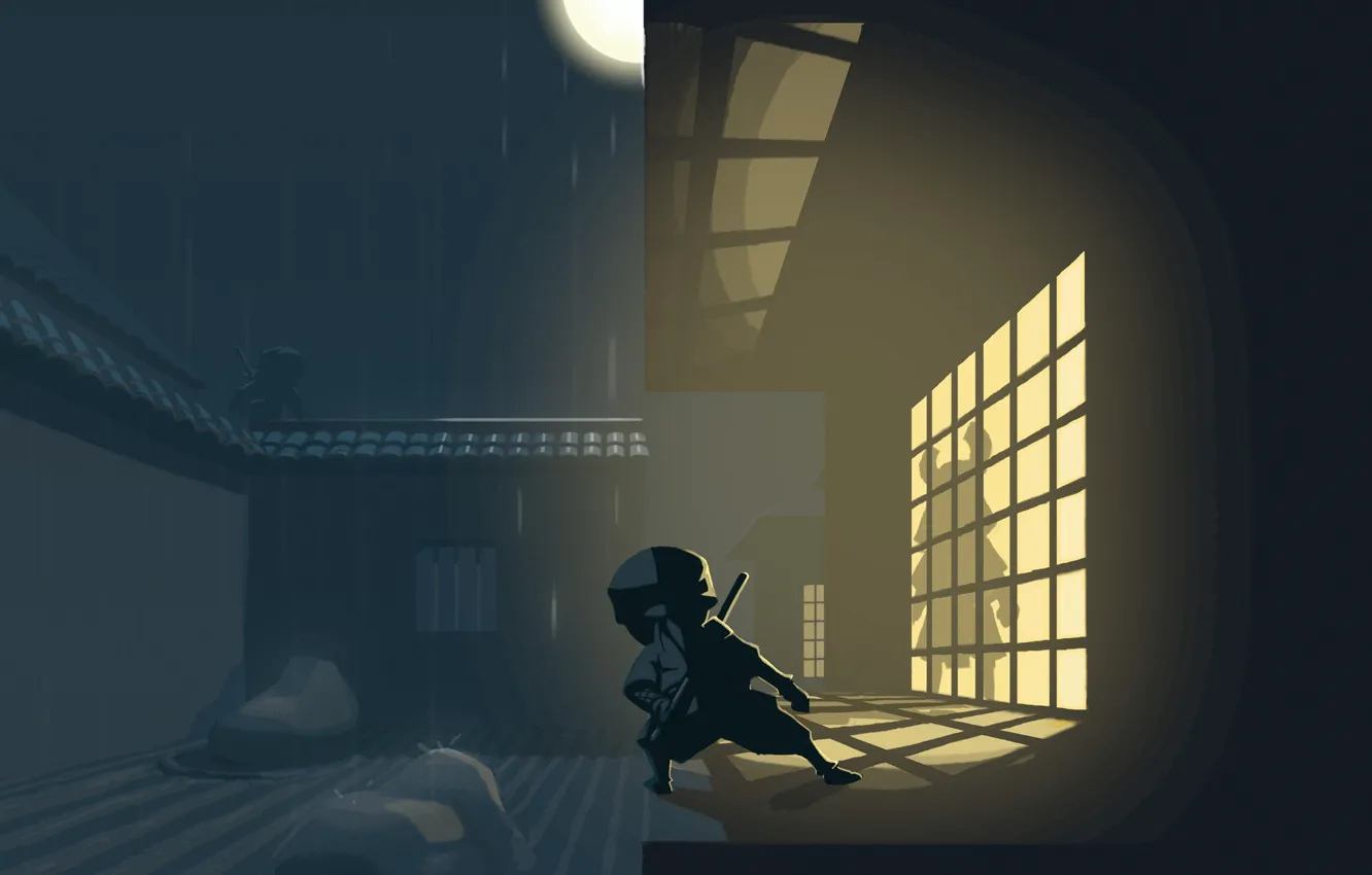 Photo wallpaper light, night, home, silhouette, window, ninja, Mini Ninjas