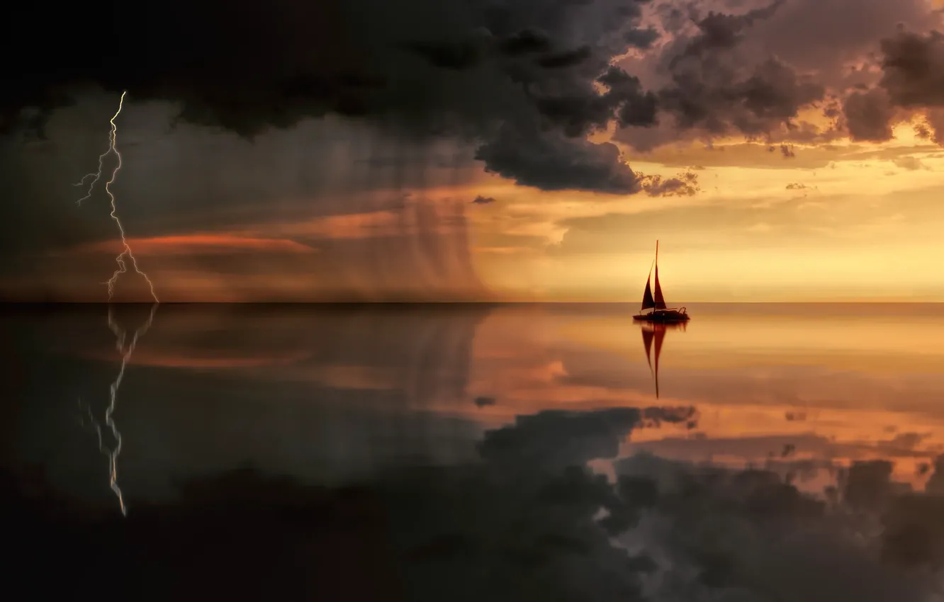 Photo wallpaper sea, clouds, lightning, boat, sailboat
