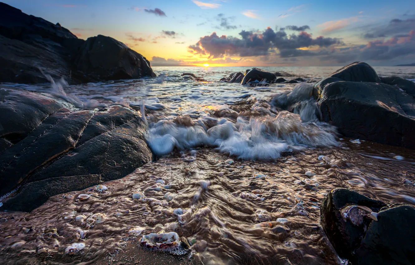 Photo wallpaper sea, sunset, stones