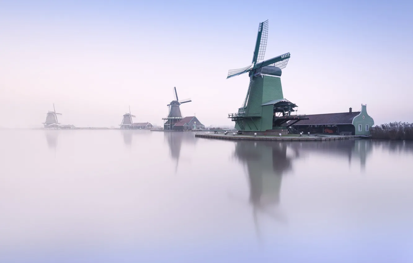 Photo wallpaper nature, fog, morning, Mystic Windmills