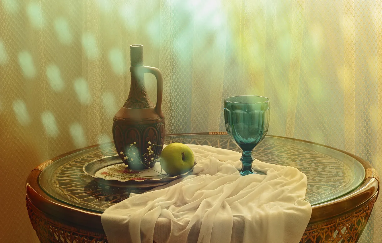 Photo wallpaper light, table, glass, bottle, Apple, pitcher, still life, items
