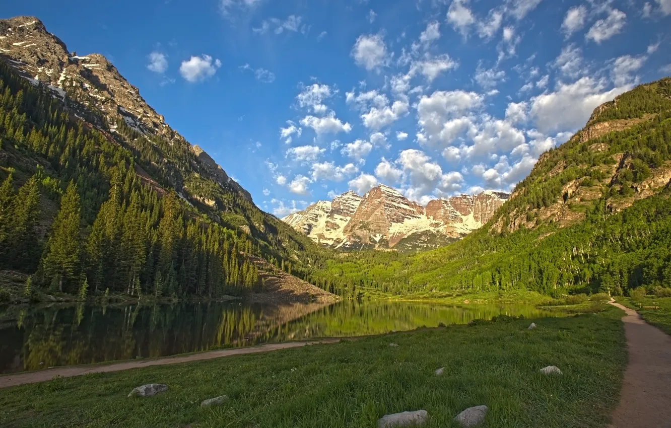 Photo wallpaper the sky, clouds, trees, mountains, lake, path