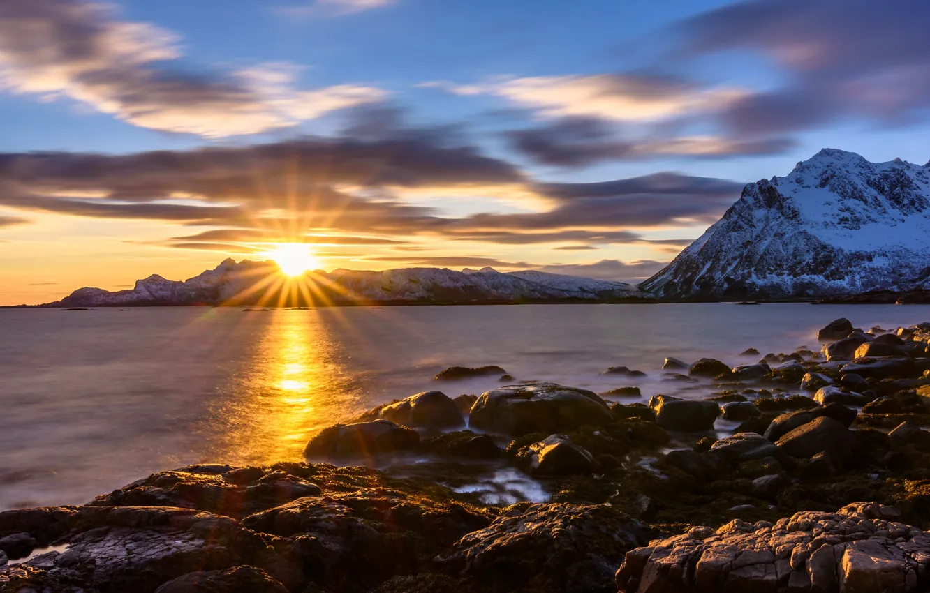 Photo wallpaper sunset, mountains, stones, rocks, coast, Norway, Lofoten