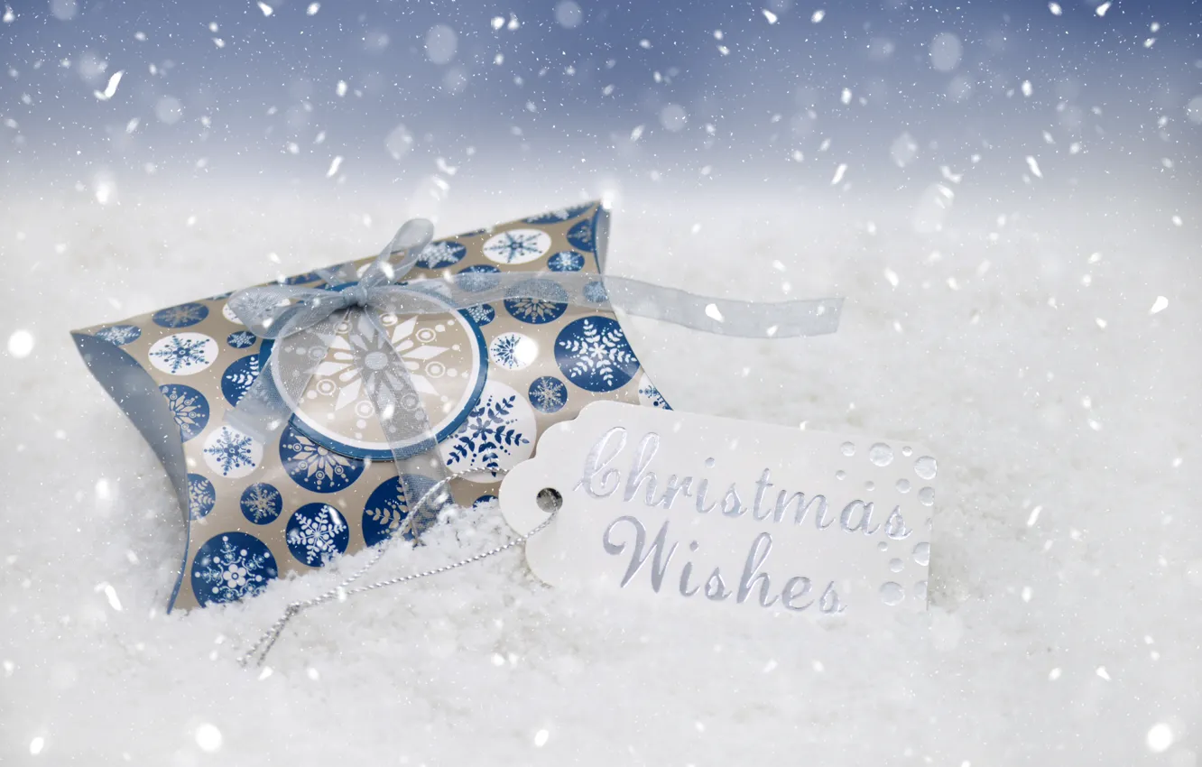 Photo wallpaper snow, box, gift, Christmas, New year, Christmas decorations