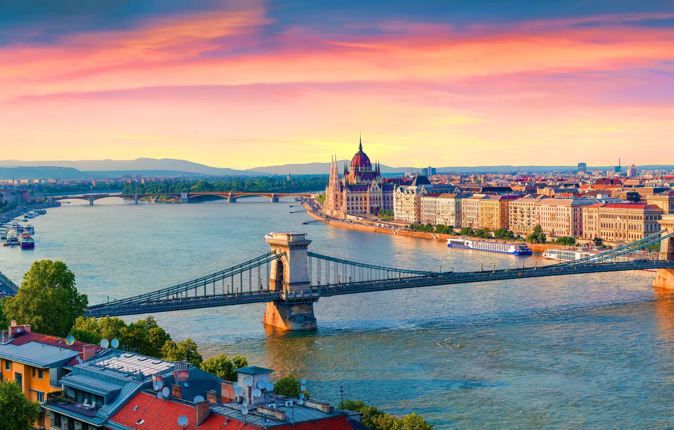 Photo wallpaper Home, Bridge, River, Panorama, Hungary, Hungary, Budapest, Danube River