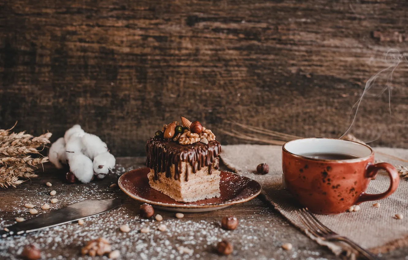 Photo wallpaper coffee, chocolate, nuts, cream, sweet, a piece of cake