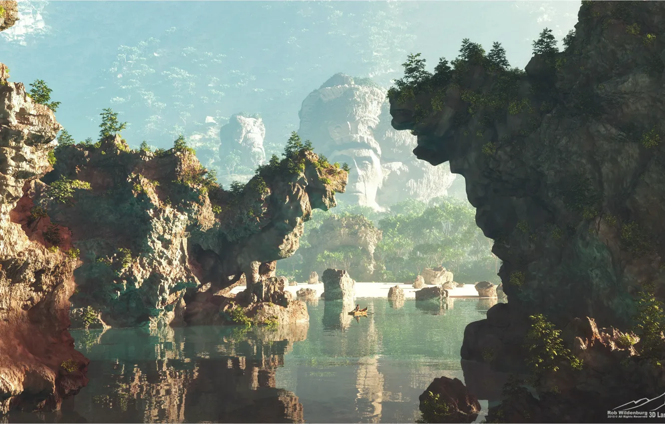 Photo wallpaper reflection, rocks, boat, pond, The Last Kingdom