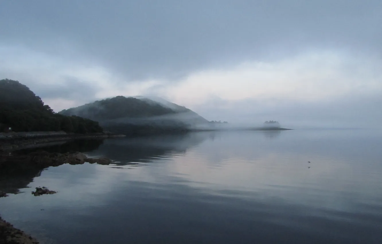 Photo wallpaper fog, lake, sunrise, mountain, Scotland, mountain, lake, fog