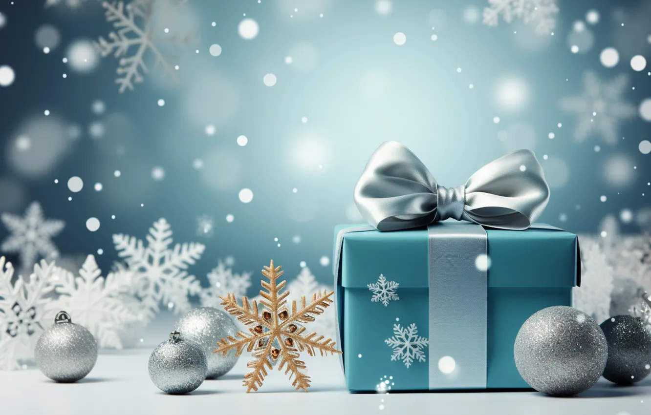 Photo wallpaper winter, snow, decoration, snowflakes, gift, balls, new year, Christmas