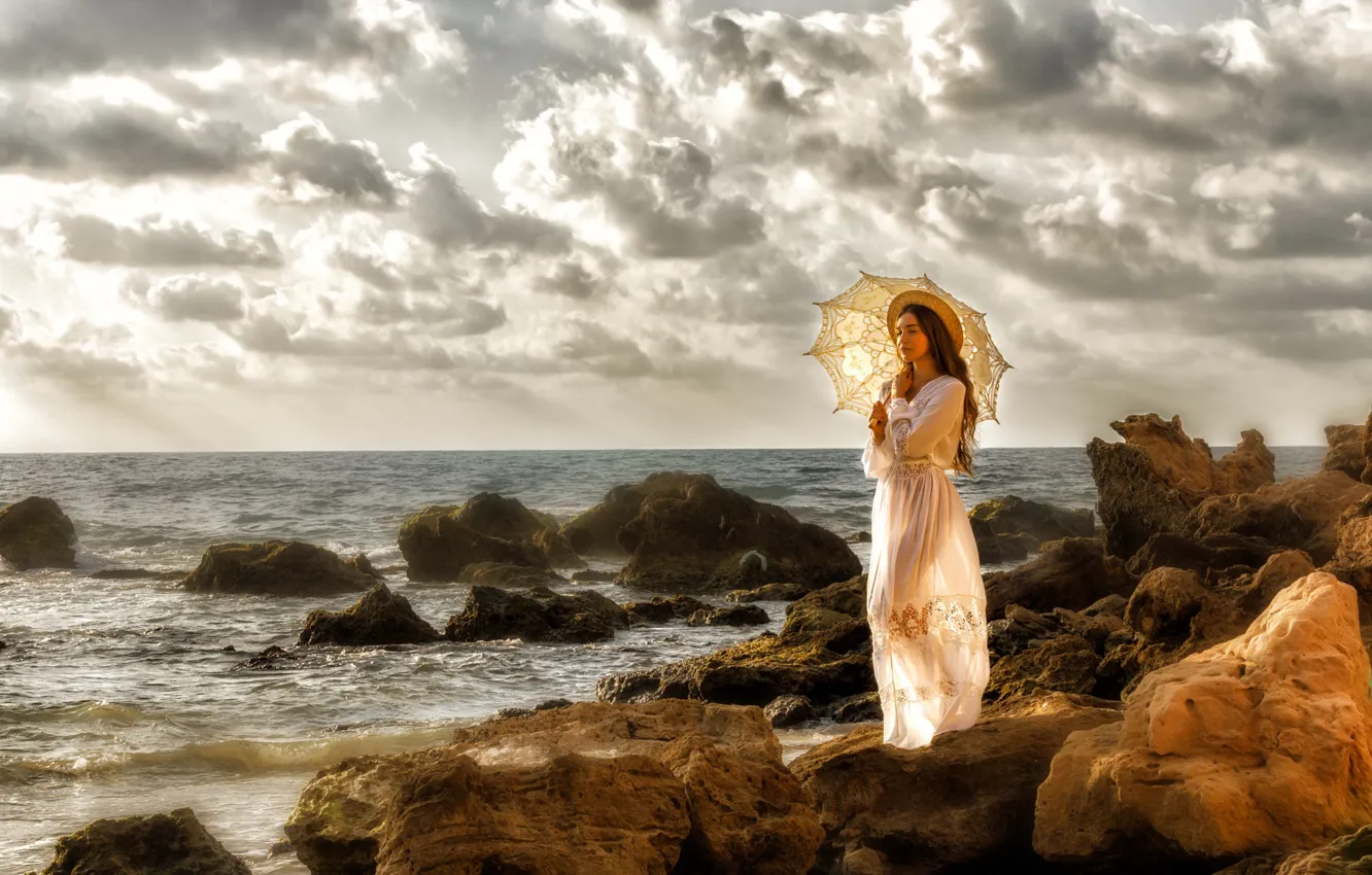 Photo wallpaper water, girl, clouds, stones, umbrella, dress, Mari, Alex Darash