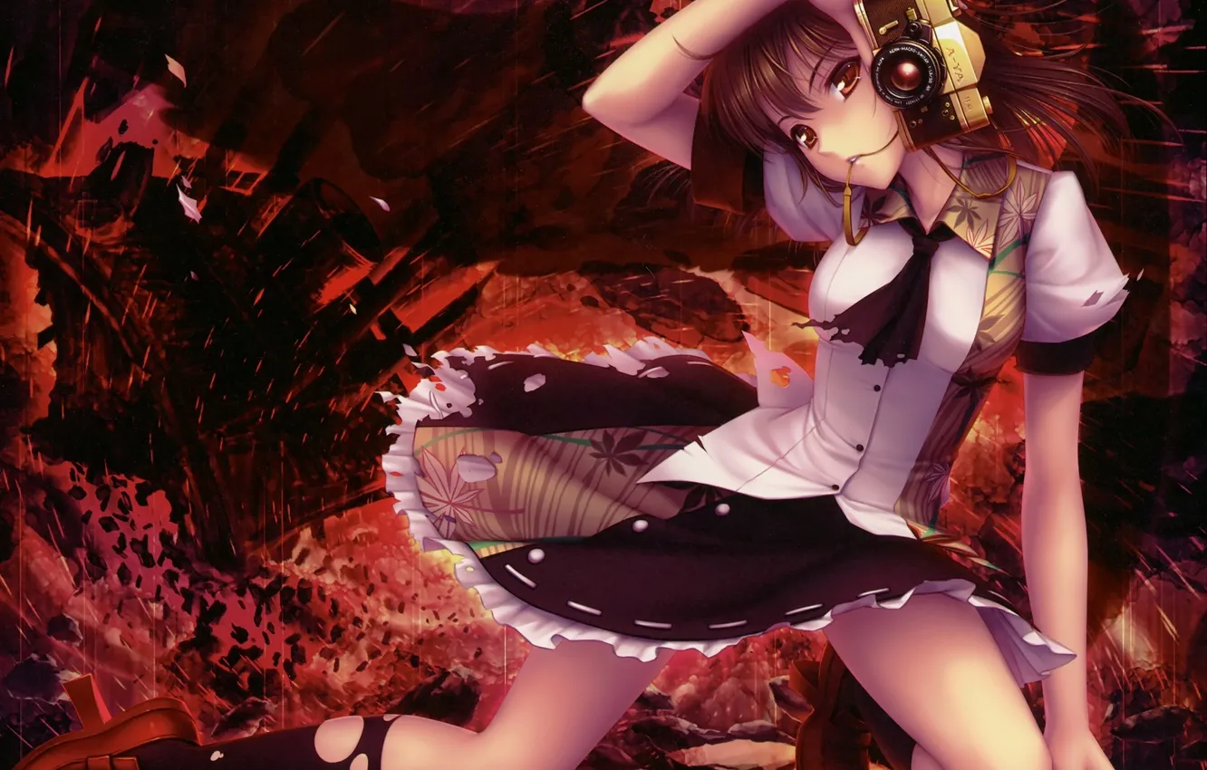 Photo wallpaper girl, wings, anime, art, the camera, touhou, shameimaru aya