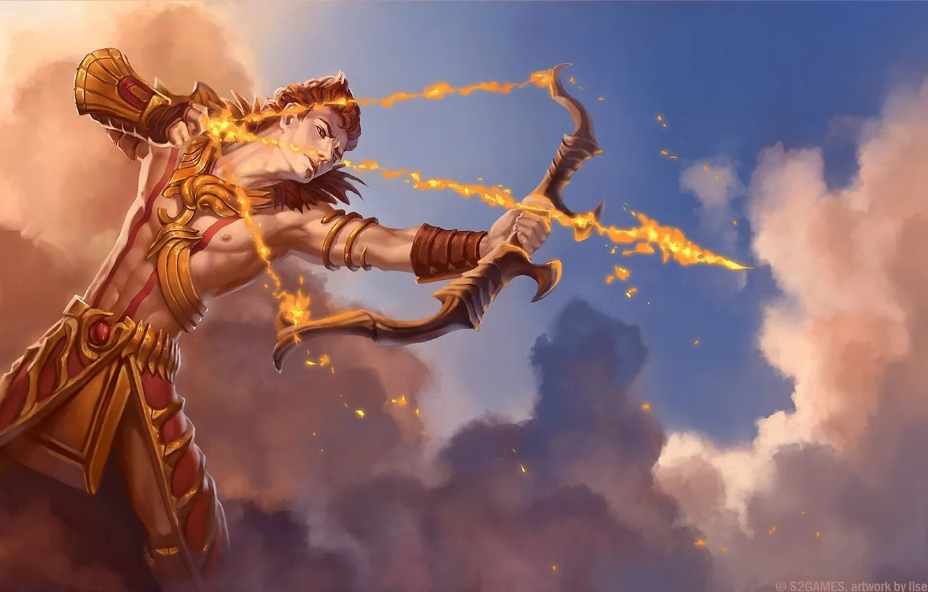 Photo wallpaper clouds, lights, bow, art, arrows, the young man, Apollo