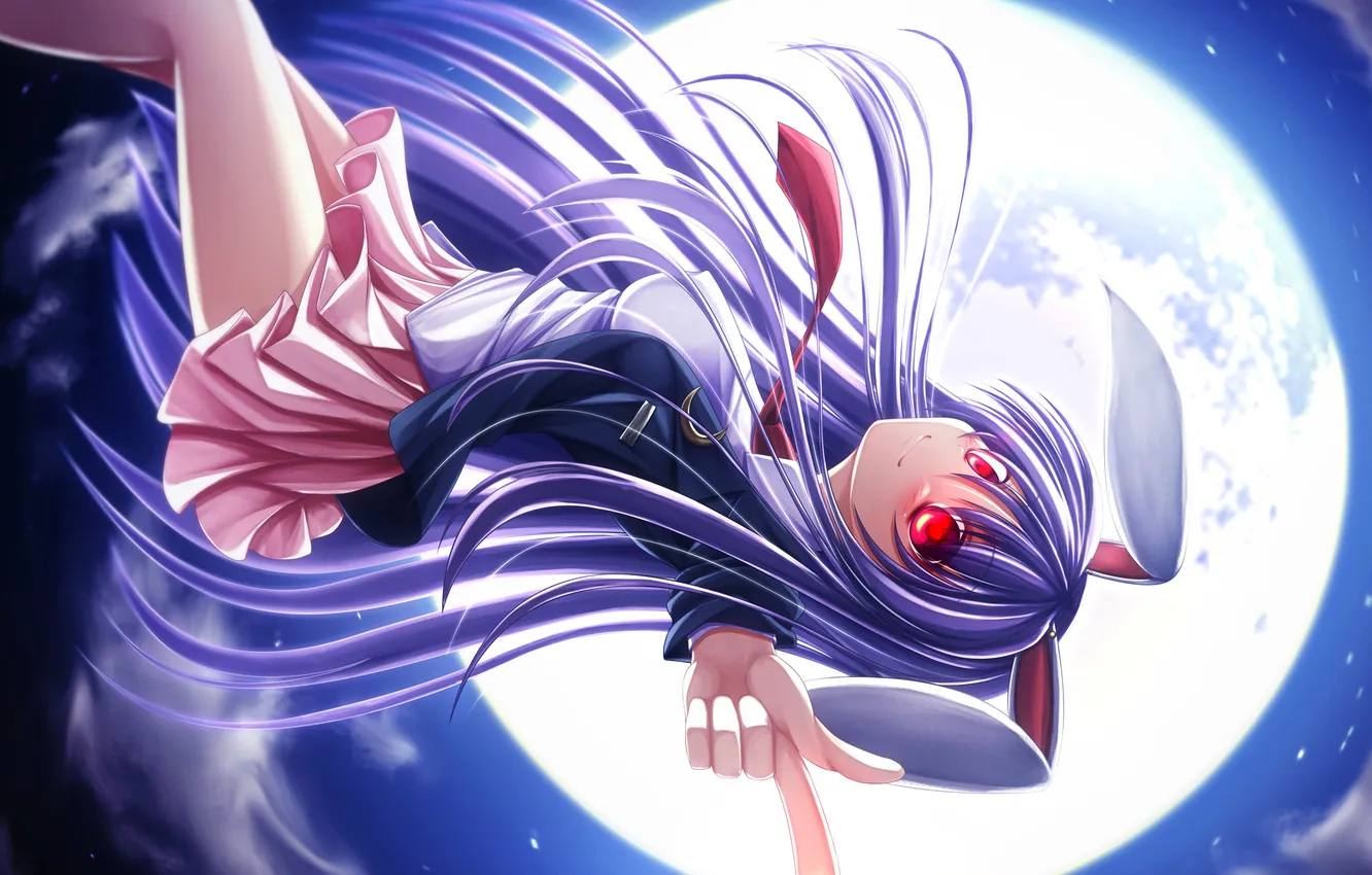 Photo wallpaper look, girl, flight, night, smile, the moon, gesture, ears