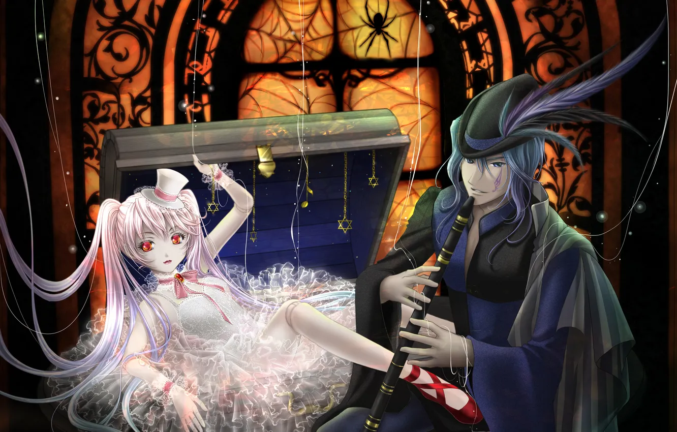 Photo wallpaper girl, web, spider, feathers, symbol, hat, guy, chest