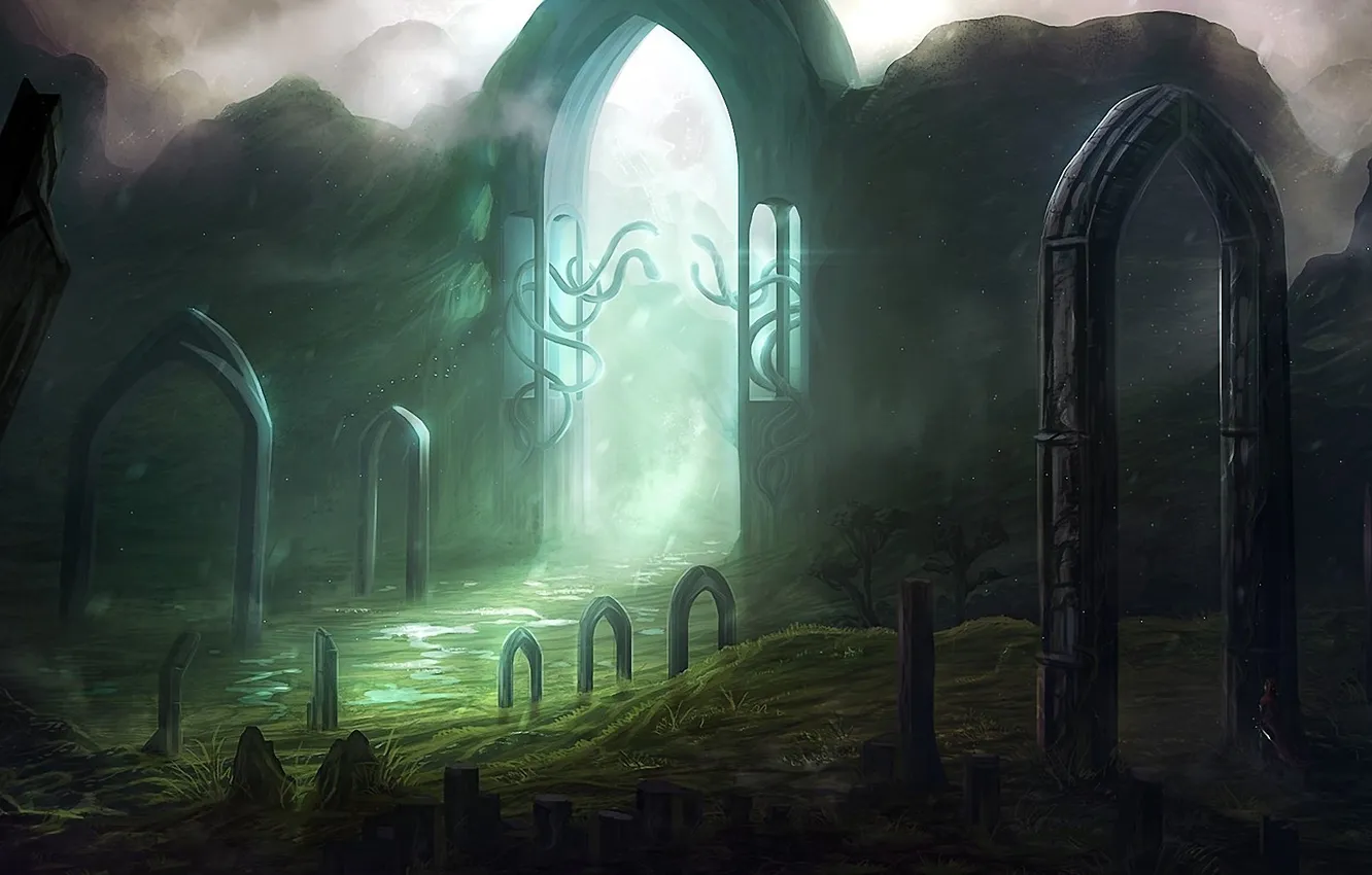 Photo wallpaper light, stream, rocks, art, arch, columns, the gates, niltrace