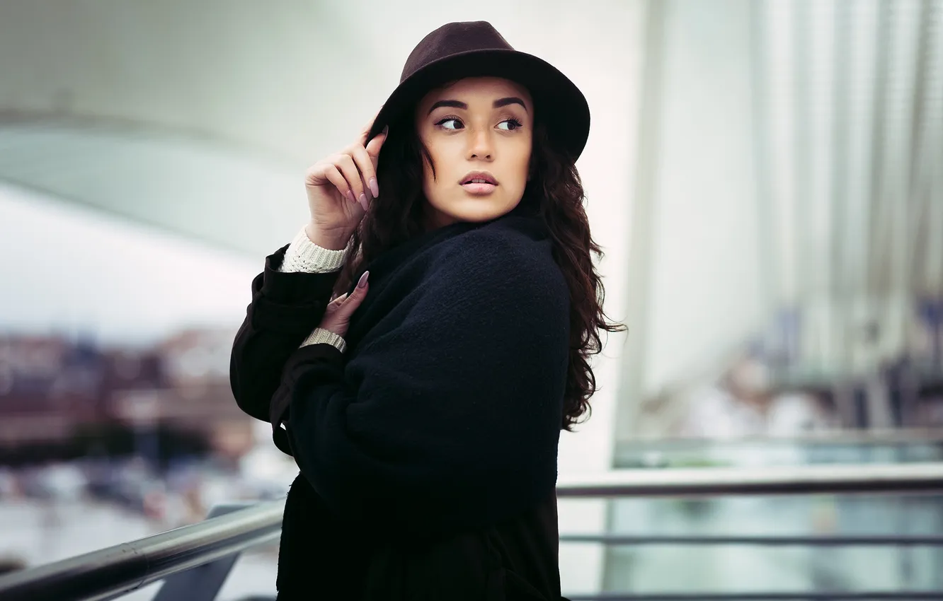 Photo wallpaper look, girl, face, background, model, hair, hat, Cyra