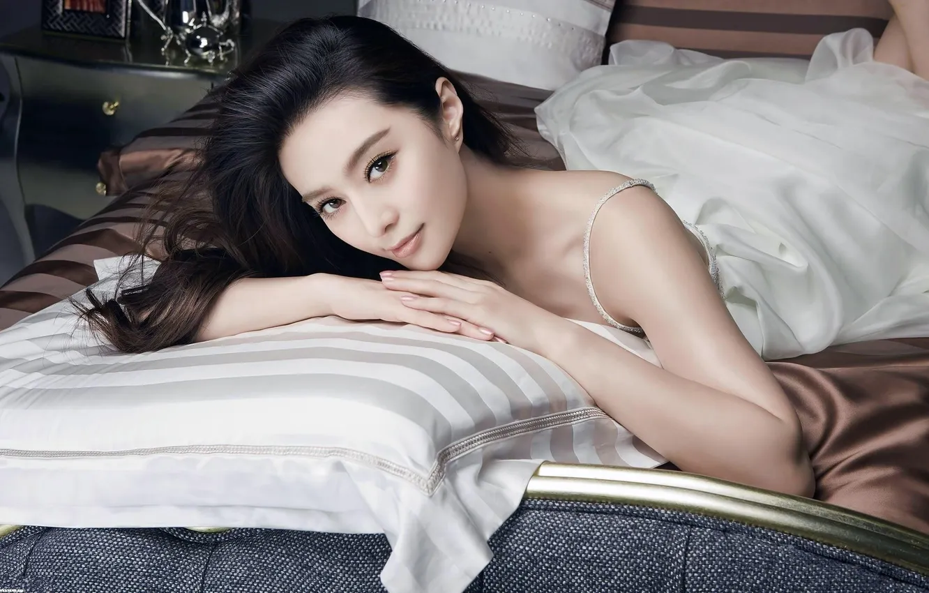 Photo wallpaper girl, bed, dress, brunette