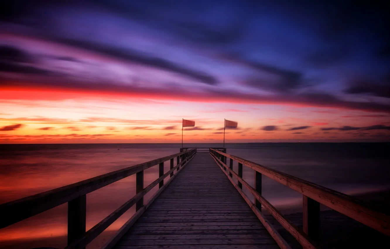 Photo wallpaper sea, landscape, sunset, bridge, Schleswig-Holstein, Holy port
