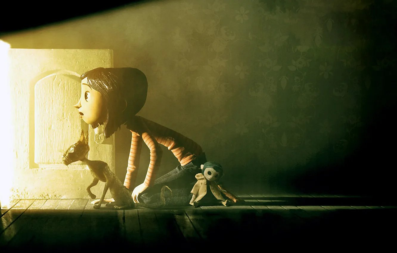 Photo wallpaper cat, light, darkness, doll, the door, Coraline in country nightmares