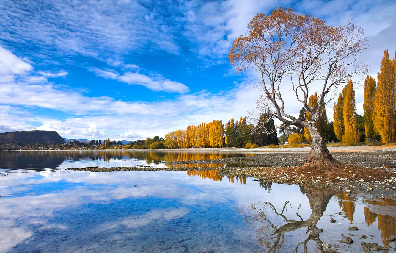 Photo wallpaper autumn, the sky, clouds, trees, mountains, lake, reflection