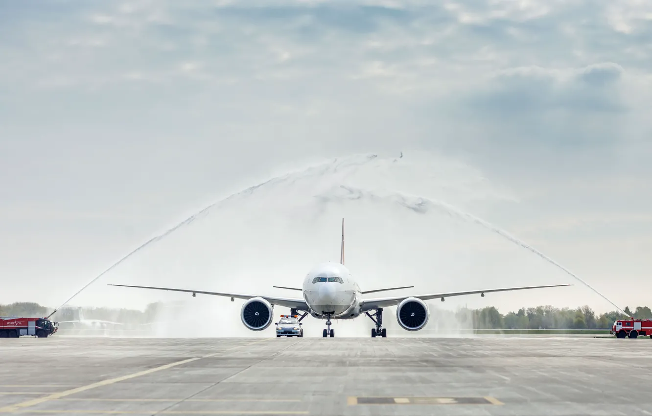 Photo wallpaper the plane, Ukraine, Kiev, fire truck, Boeing 777, Turkish airlines, Boryspil, Rosenbauer Panther