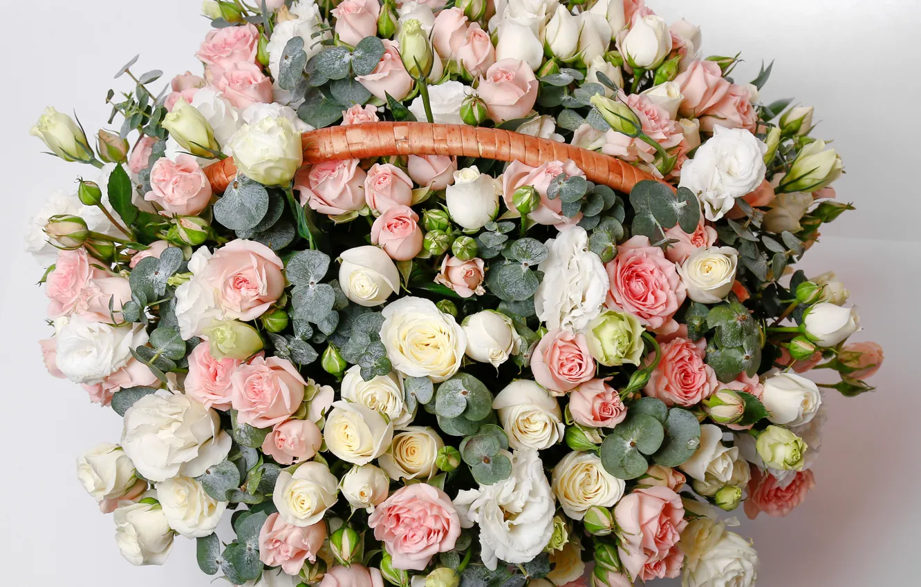 Photo wallpaper basket, roses, bouquet, buds, roses, basket, eustoma, luxury