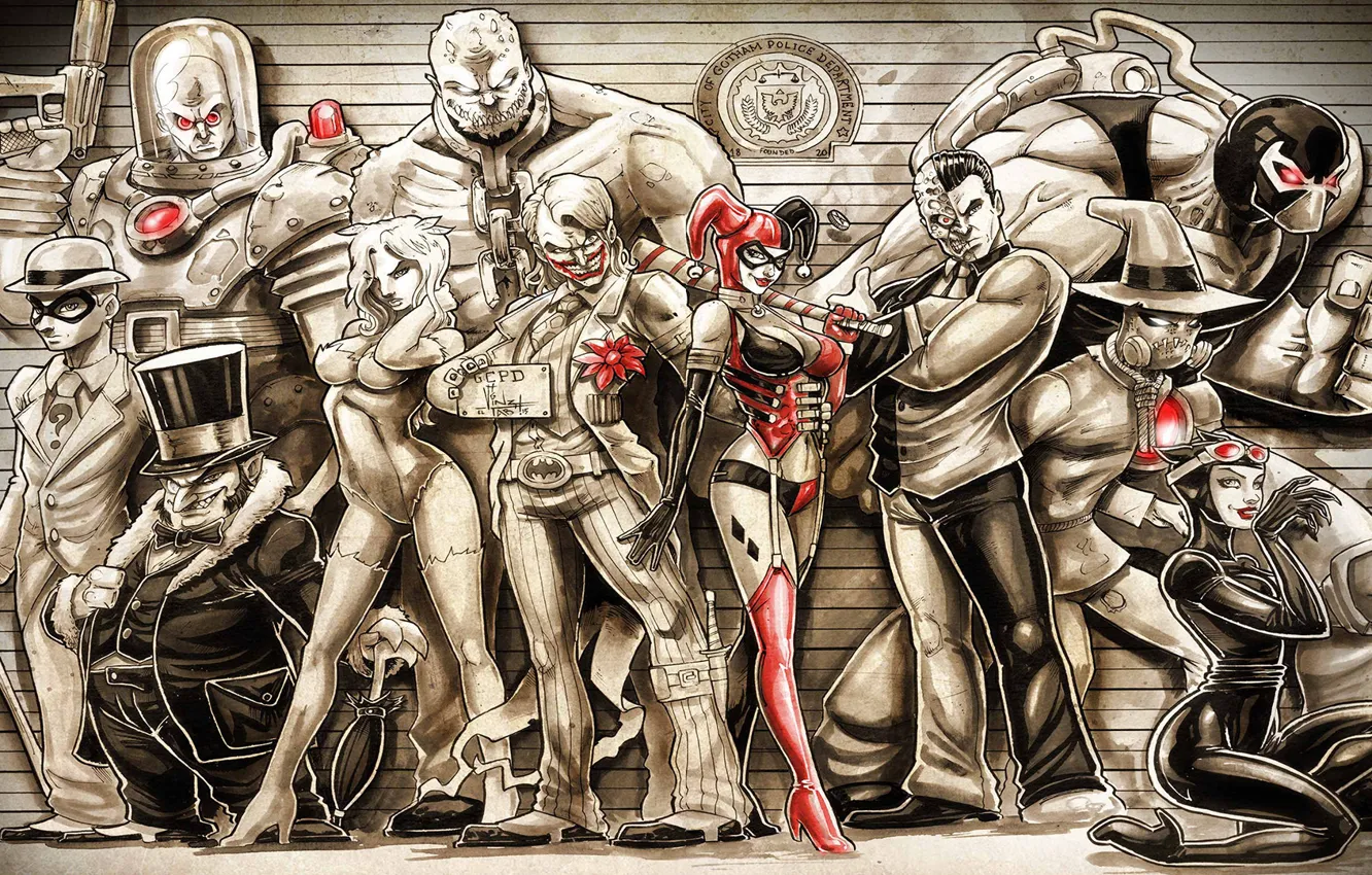 Photo wallpaper Joker, penguins, Scarecrow, Cat woman, Harley Quinn, DC Comics, Poison Ivy